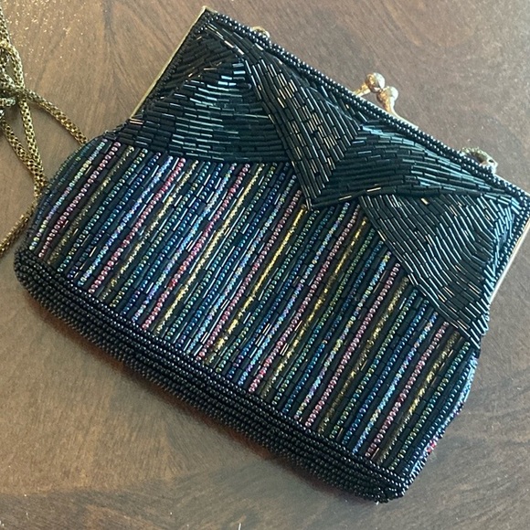 Vintage Black and multi Beaded Purse antique Gold tone Chain Shoulder Strap - Picture 4 of 16